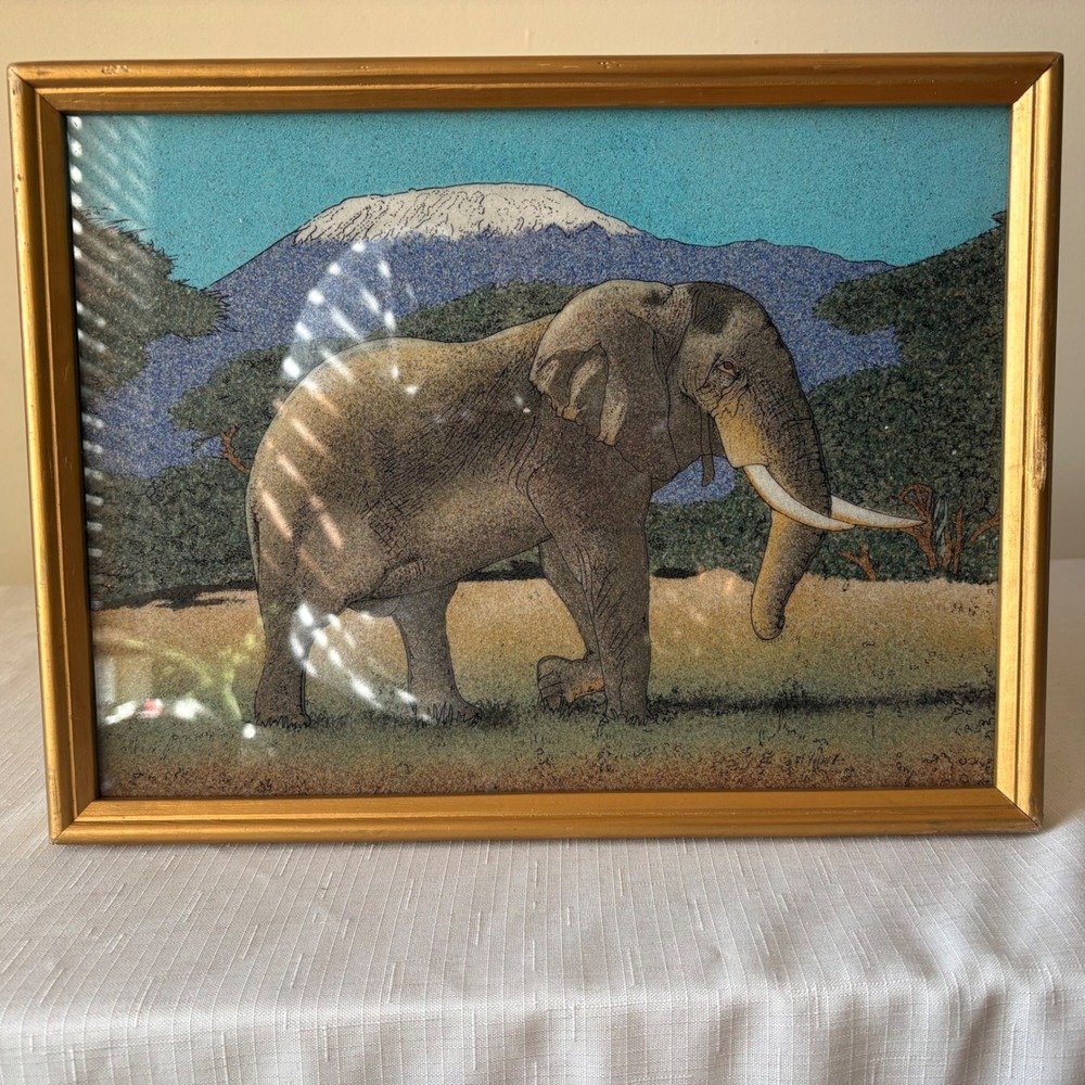 Vintage Gemstone Mosaic Art African Elephant Kilimanjaro Gold Framed 12x10